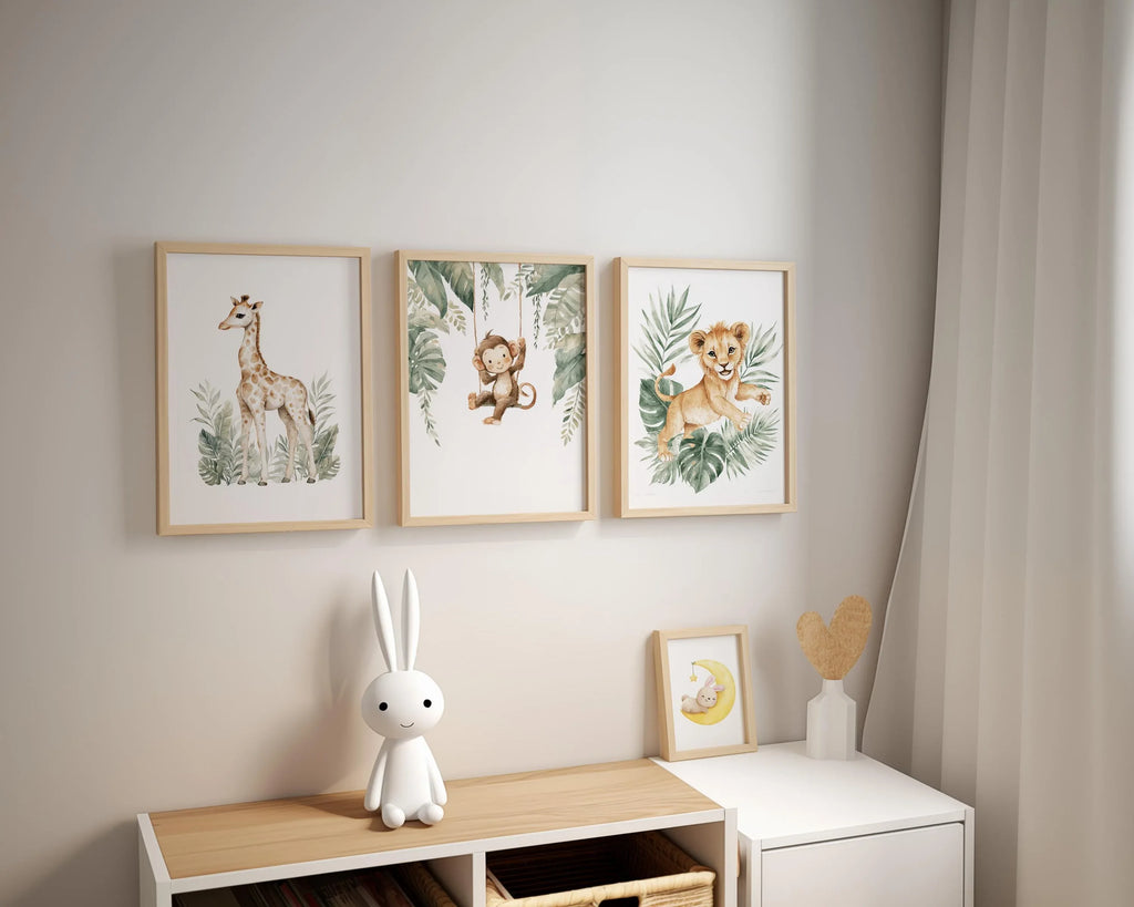 Safari nursery wall art set – watercolor jungle animals in warm earthy tones with tropical greenery