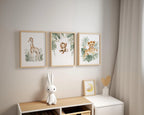 Safari nursery wall art set – watercolor jungle animals in warm earthy tones with tropical greenery