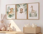 Safari nursery wall art set – watercolor jungle animals in warm earthy tones with tropical greenery