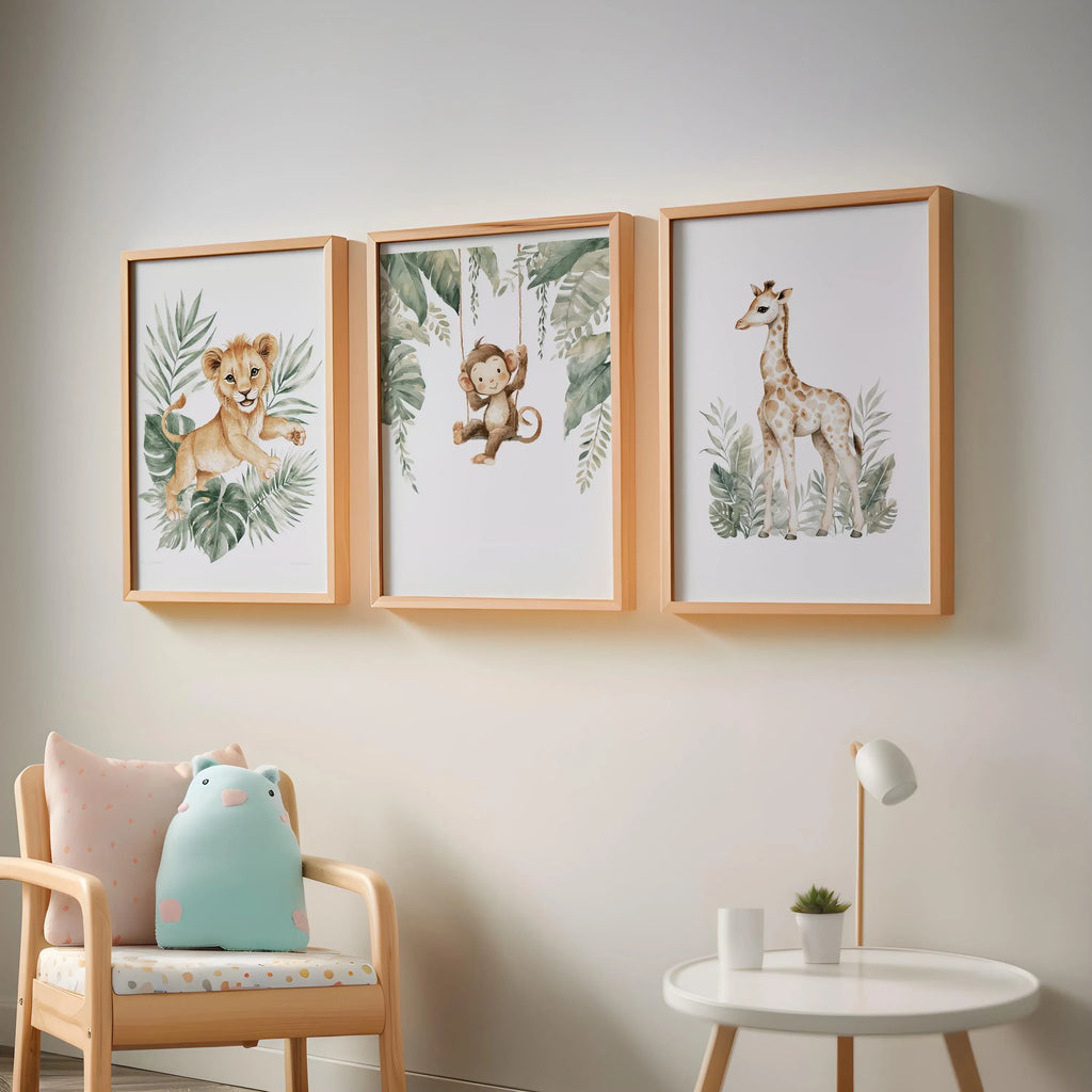 Safari nursery wall art set – watercolor jungle animals in warm earthy tones with tropical greenery