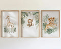 Safari nursery wall art set – watercolor jungle animals in warm earthy tones with tropical greenery
