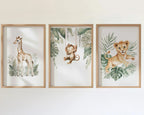 Safari nursery wall art set – watercolor jungle animals in warm earthy tones with tropical greenery