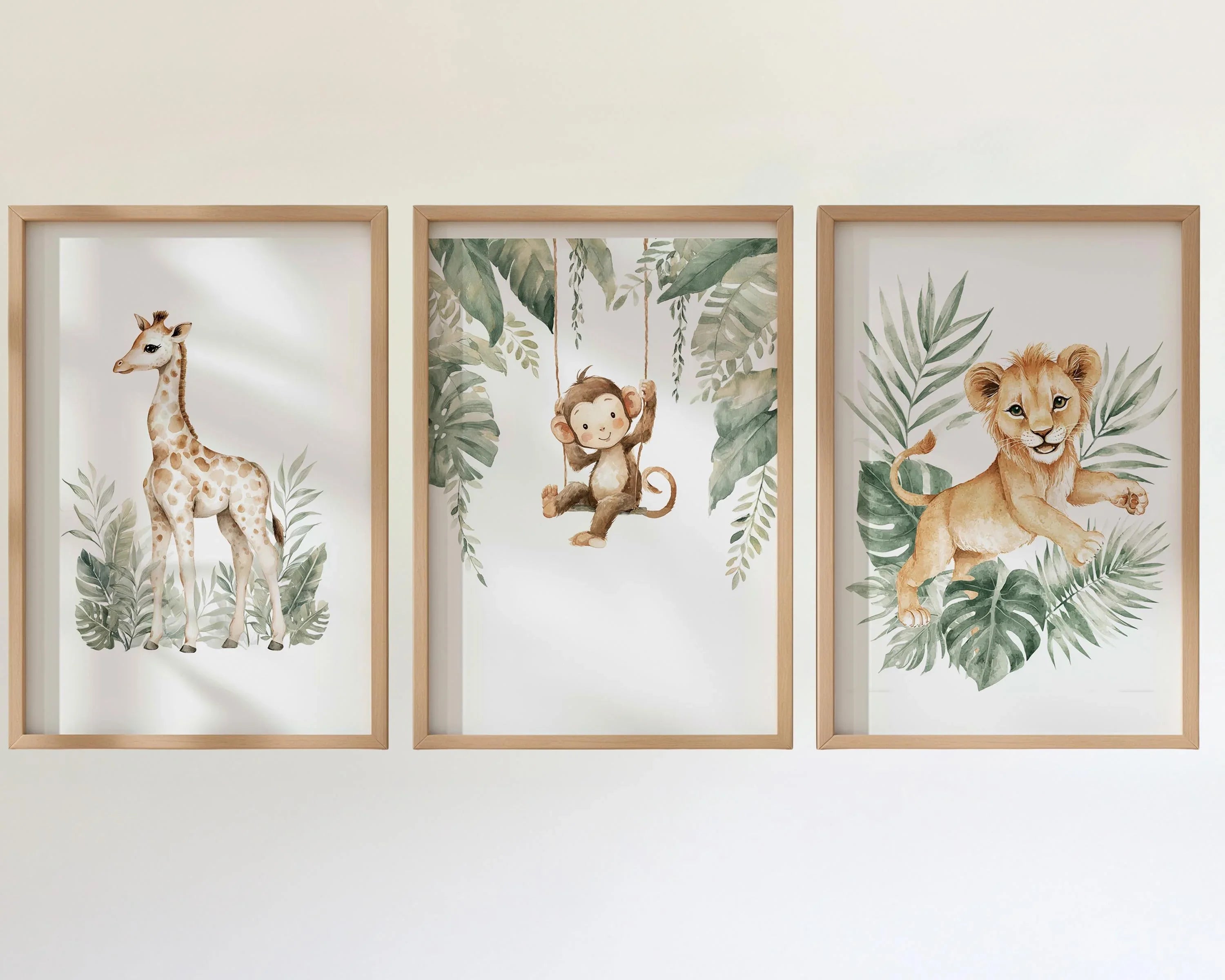 Safari nursery wall art set – watercolor jungle animals in warm earthy tones with tropical greenery