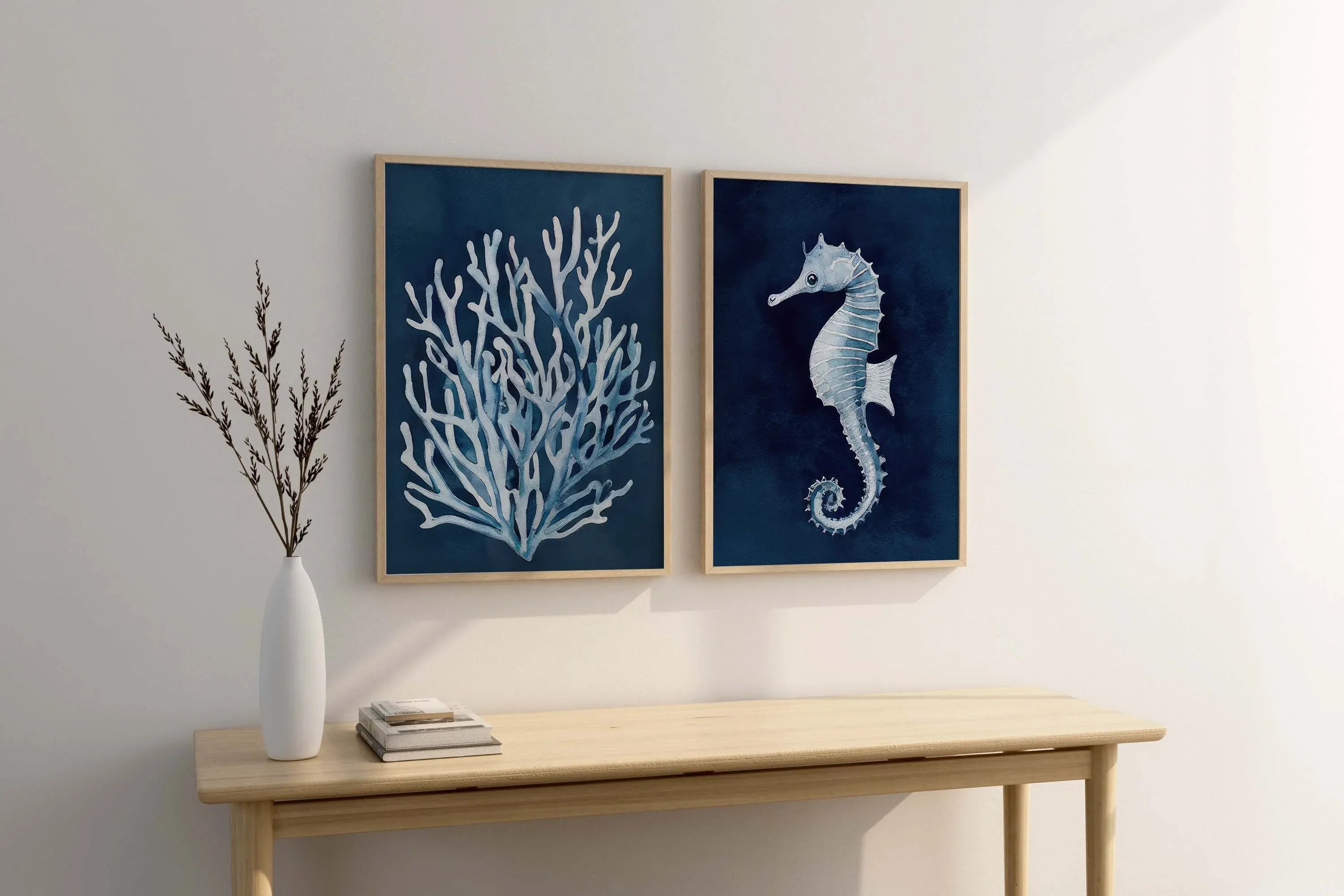Seahorse and coral wall art set – navy blue watercolor nautical illustrations on white background
