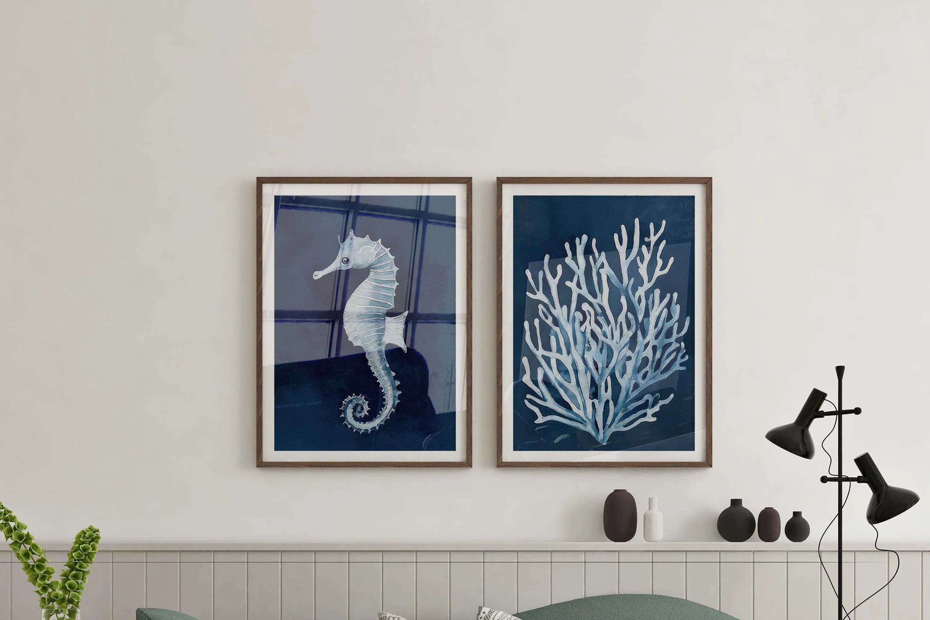 Seahorse and coral wall art set – navy blue watercolor nautical illustrations on white background