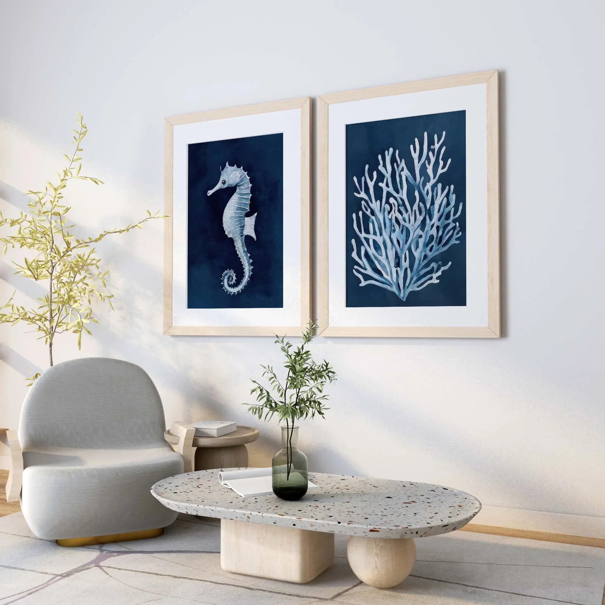 Seahorse and coral wall art set – navy blue watercolor nautical illustrations on white background