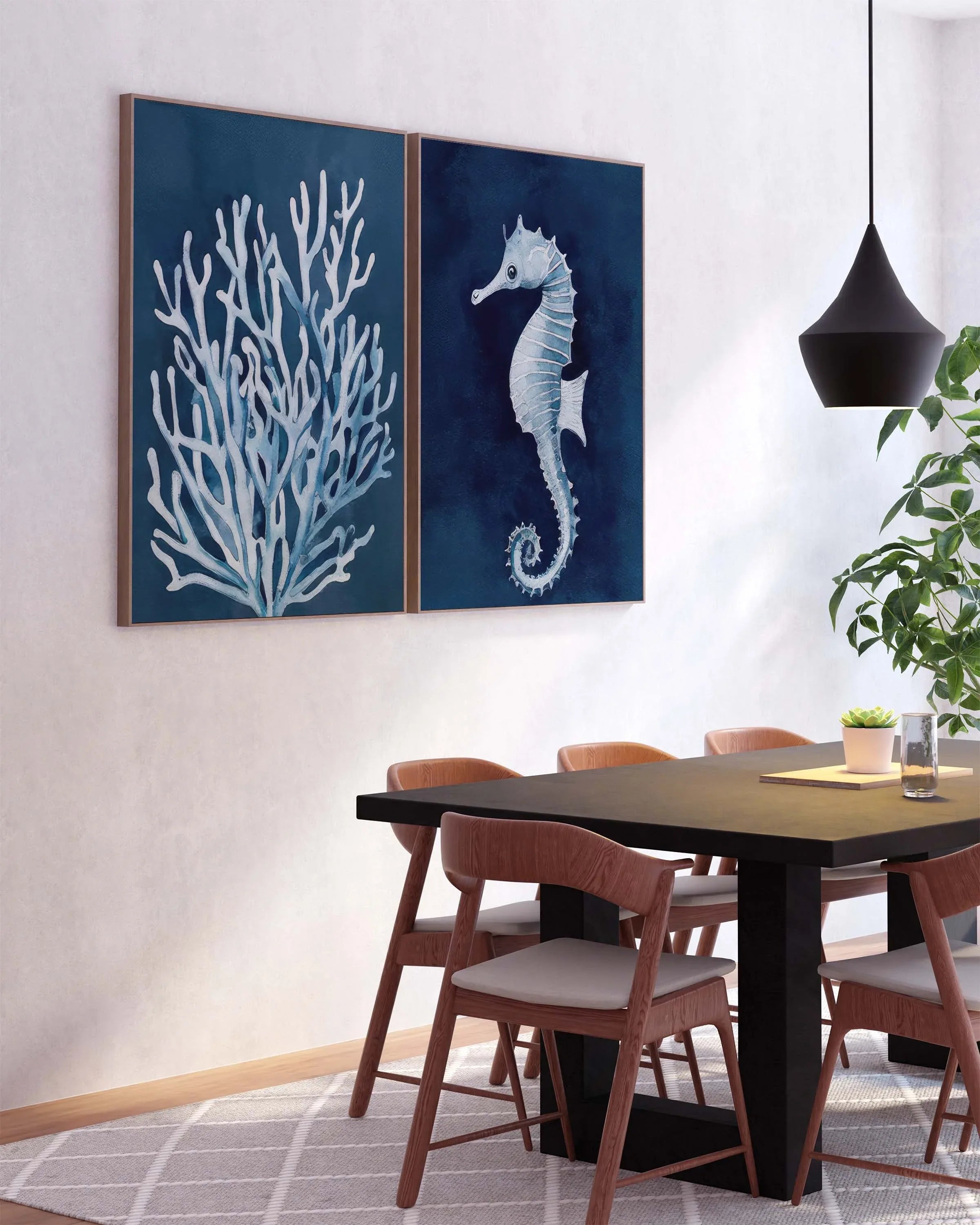 Seahorse and coral wall art set – navy blue watercolor nautical illustrations on white background