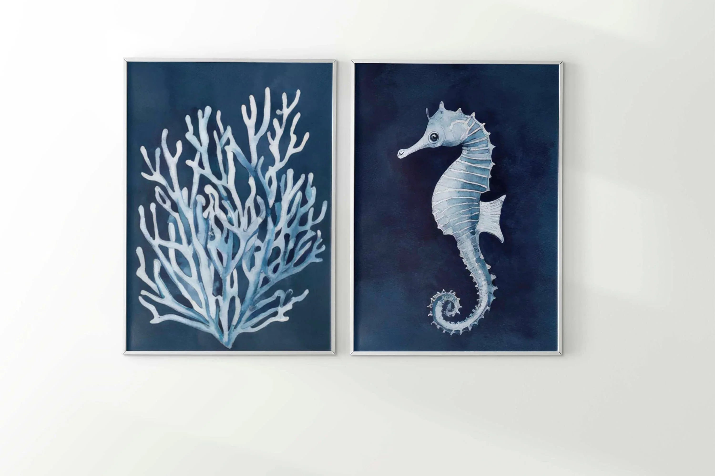 Seahorse and coral wall art set – navy blue watercolor nautical illustrations on white background