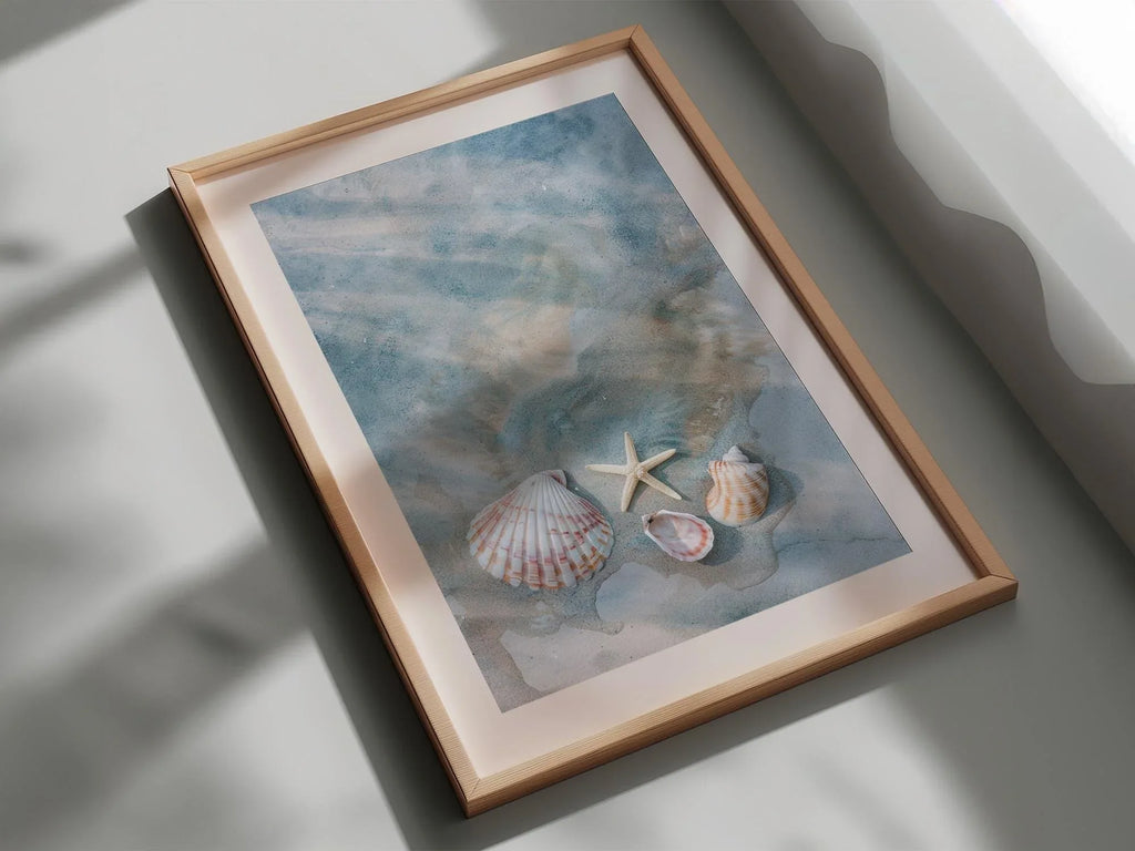 Seashells and starfish beach wall art – coastal photography in sandy beige and ocean blue tones