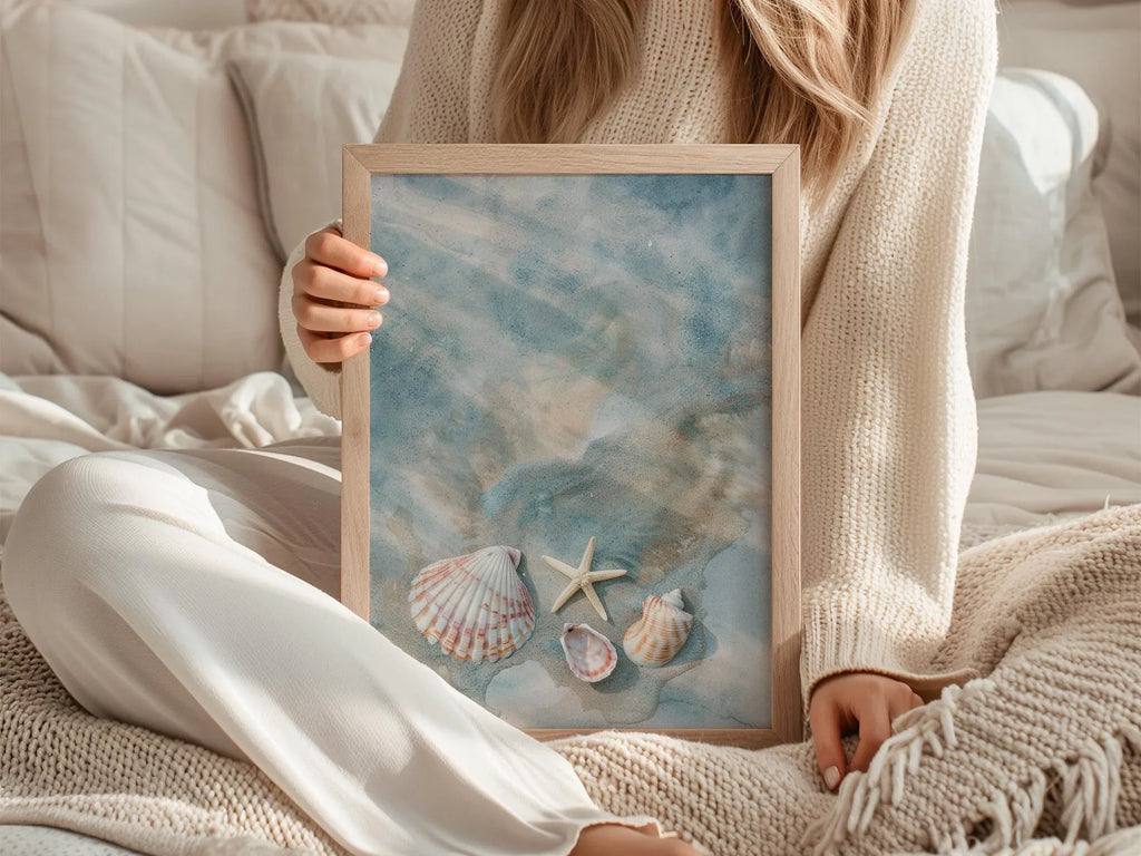 Seashells and starfish beach wall art – coastal photography in sandy beige and ocean blue tones