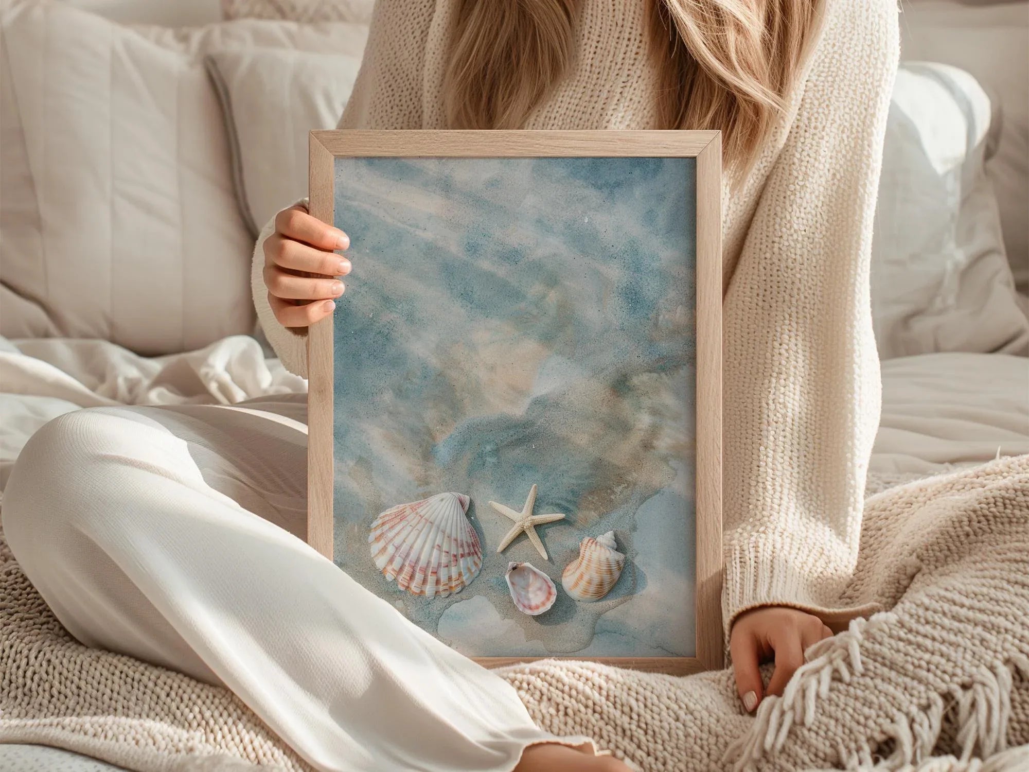 Seashells and starfish beach wall art – coastal photography in sandy beige and ocean blue tones