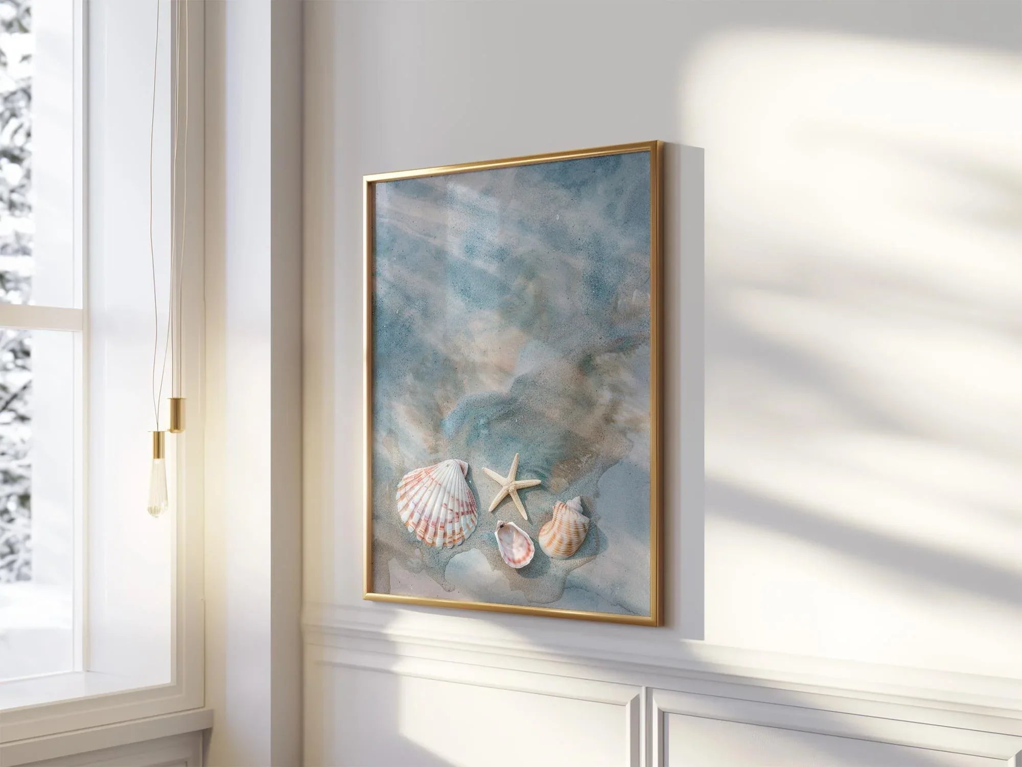 Seashells and starfish beach wall art – coastal photography in sandy beige and ocean blue tones