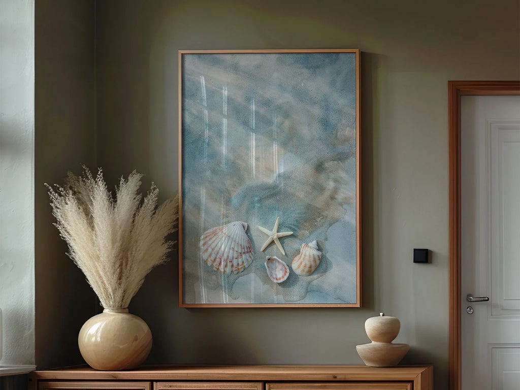 Seashells and starfish beach wall art – coastal photography in sandy beige and ocean blue tones