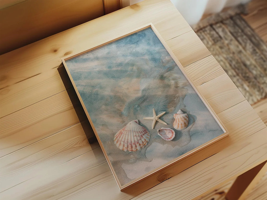 Seashells and starfish beach wall art – coastal photography in sandy beige and ocean blue tones