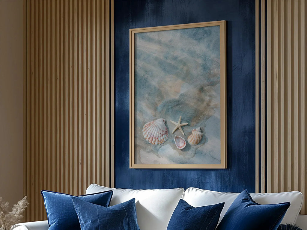Seashells and starfish beach wall art – coastal photography in sandy beige and ocean blue tones