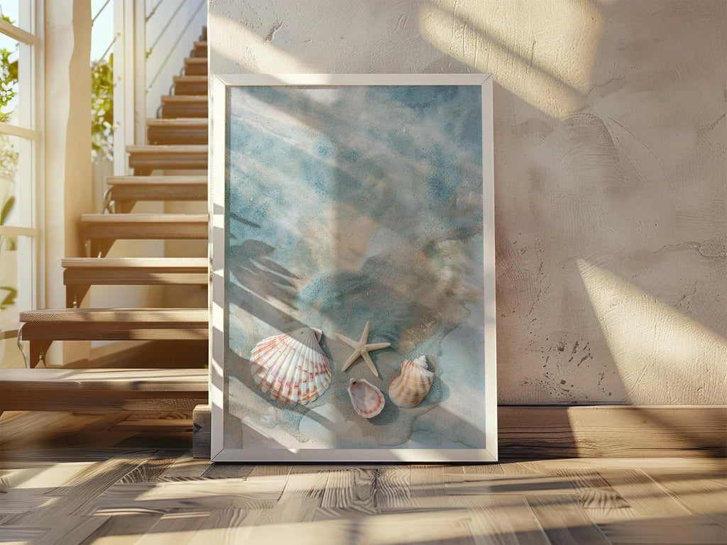 Seashells and starfish beach wall art – coastal photography in sandy beige and ocean blue tones