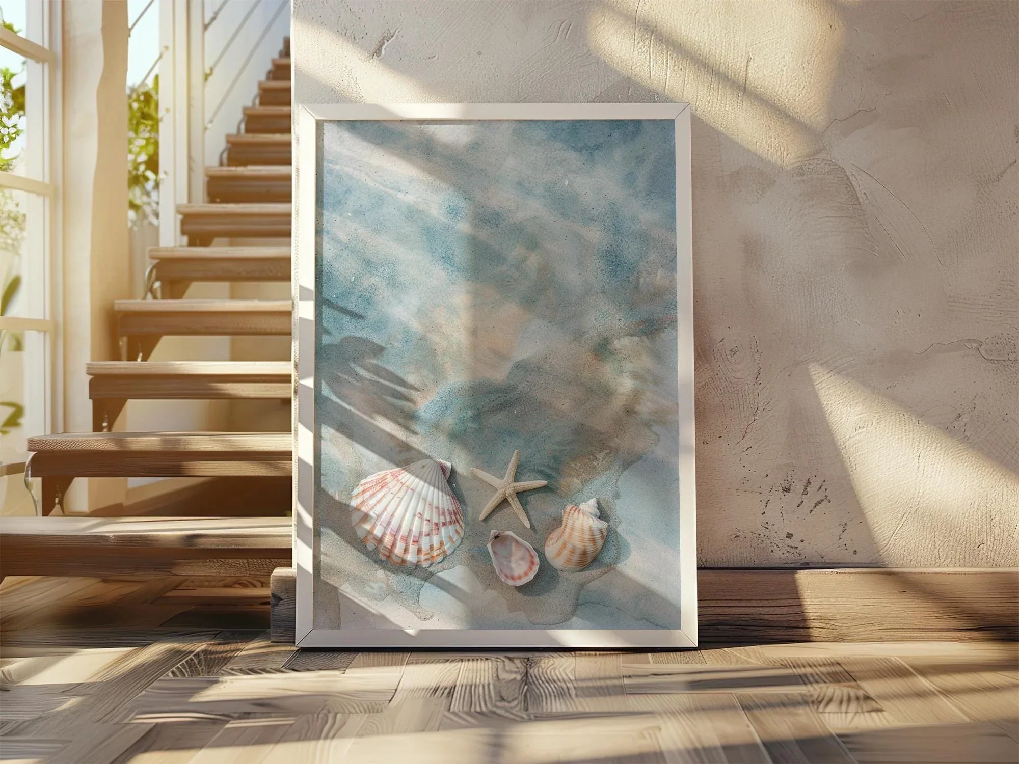 Seashells and starfish beach wall art – coastal photography in sandy beige and ocean blue tones