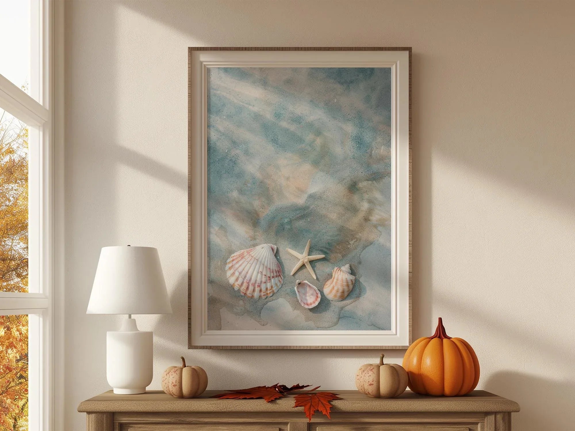 Seashells and starfish beach wall art – coastal photography in sandy beige and ocean blue tones