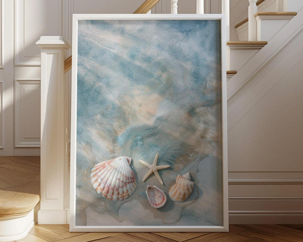 Seashells and starfish beach wall art – coastal photography in sandy beige and ocean blue tones