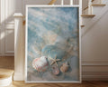 Seashells and starfish beach wall art – coastal photography in sandy beige and ocean blue tones