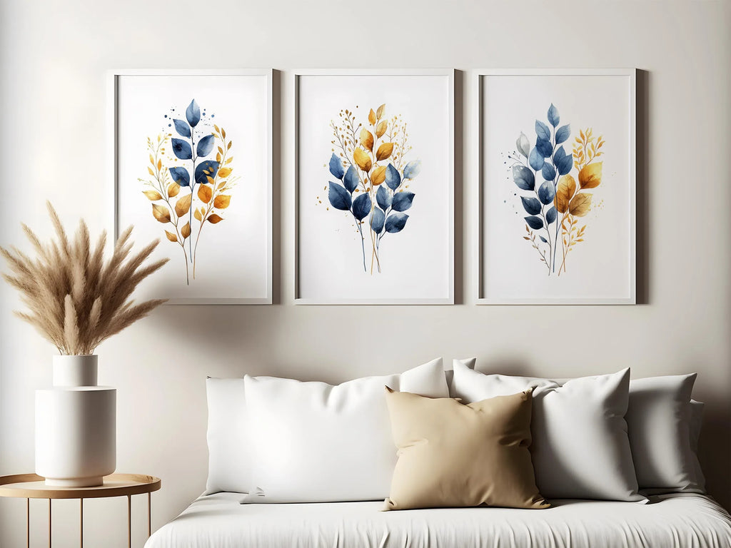 Gold and navy blue botanical watercolor wall art – elegant golden foliage on deep blue background