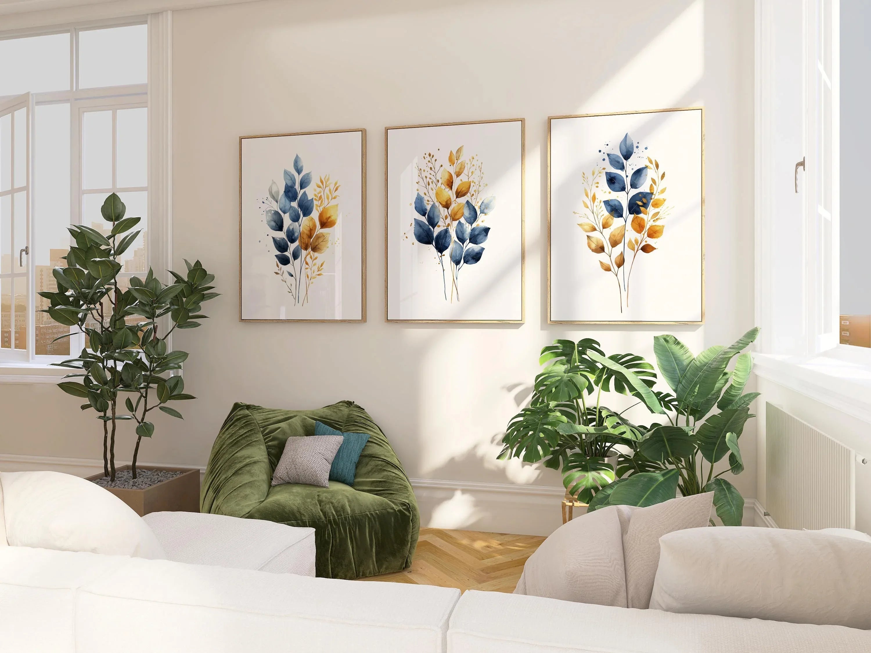 Gold and navy blue botanical watercolor wall art – elegant golden foliage on deep blue background