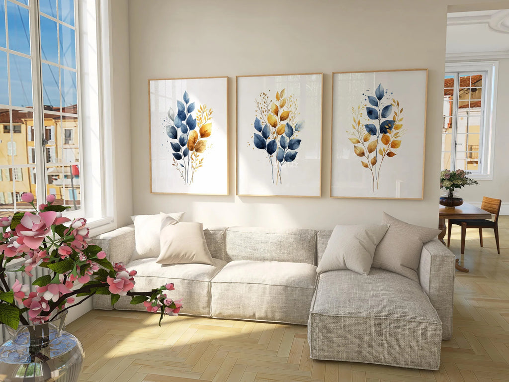 Gold and navy blue botanical watercolor wall art – elegant golden foliage on deep blue background