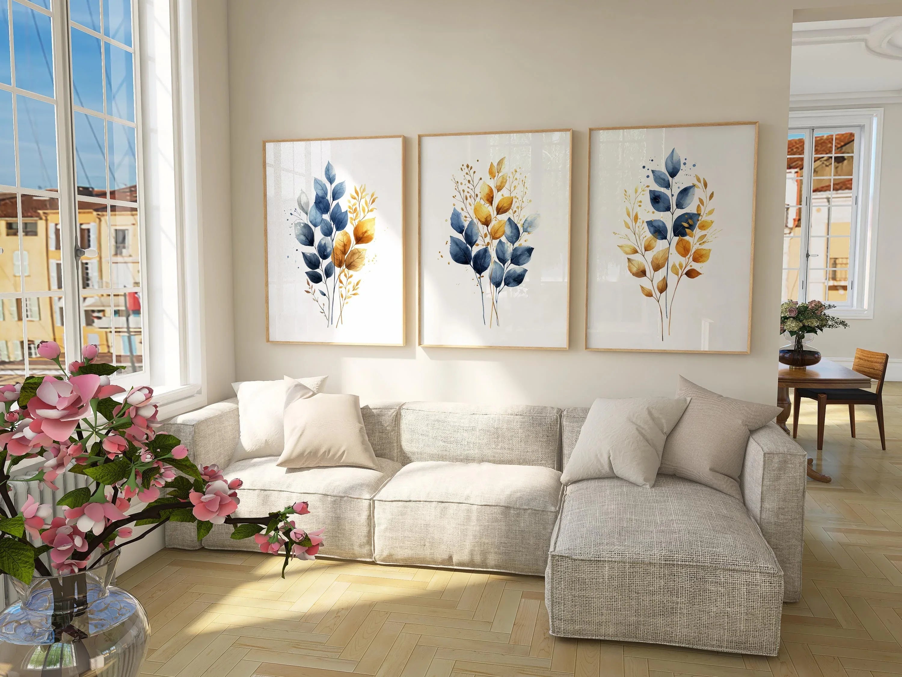 Gold and navy blue botanical watercolor wall art – elegant golden foliage on deep blue background