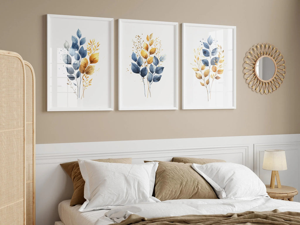 Gold and navy blue botanical watercolor wall art – elegant golden foliage on deep blue background