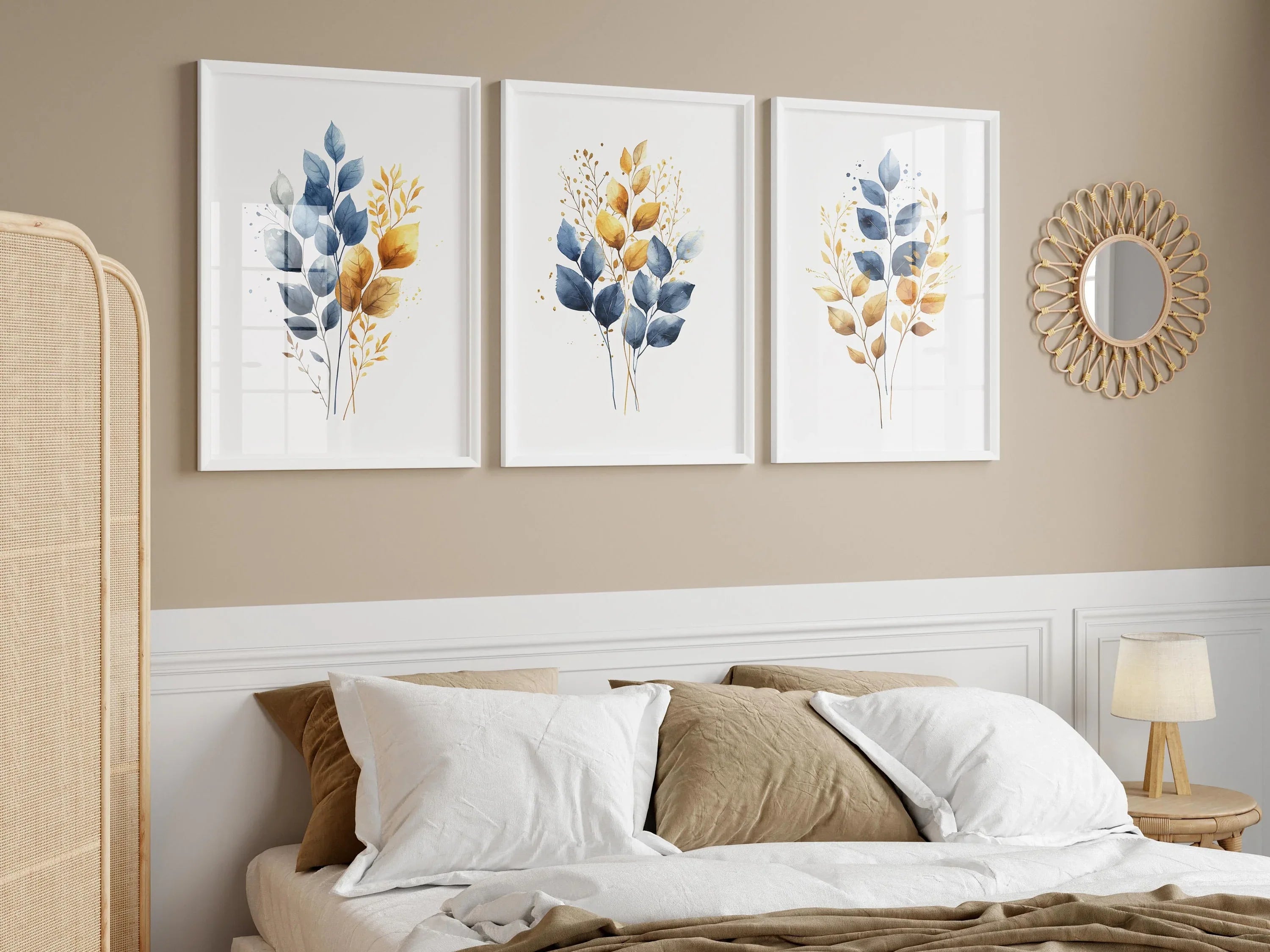 Gold and navy blue botanical watercolor wall art – elegant golden foliage on deep blue background