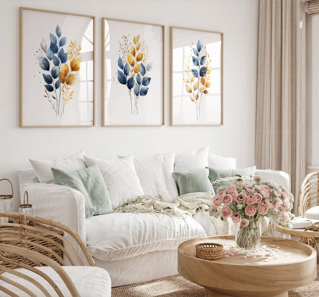 Gold and navy blue botanical watercolor wall art – elegant golden foliage on deep blue background