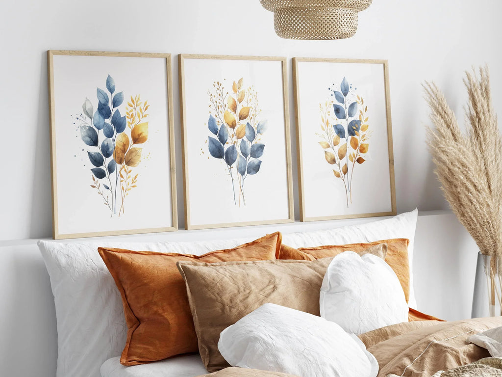 Gold and navy blue botanical watercolor wall art – elegant golden foliage on deep blue background