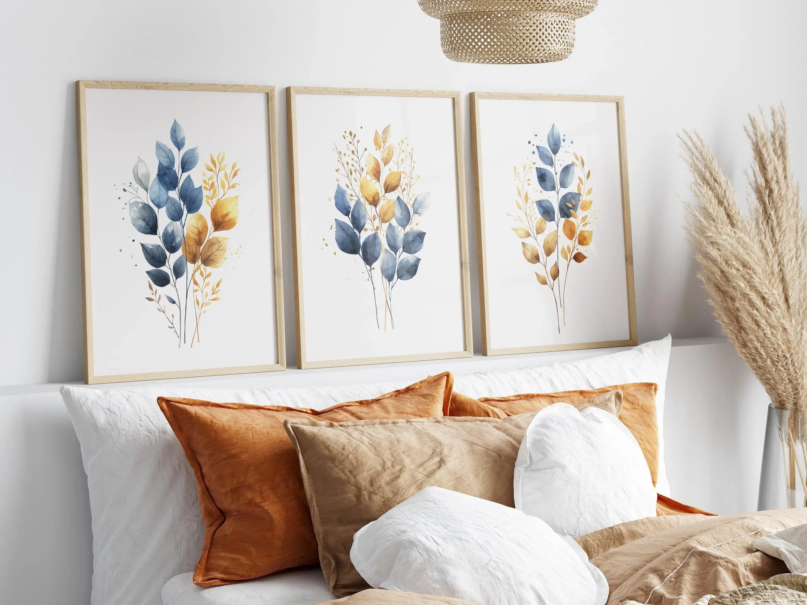 Gold and navy blue botanical watercolor wall art – elegant golden foliage on deep blue background