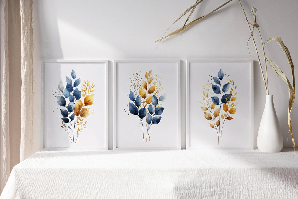Gold and navy blue botanical watercolor wall art – elegant golden foliage on deep blue background