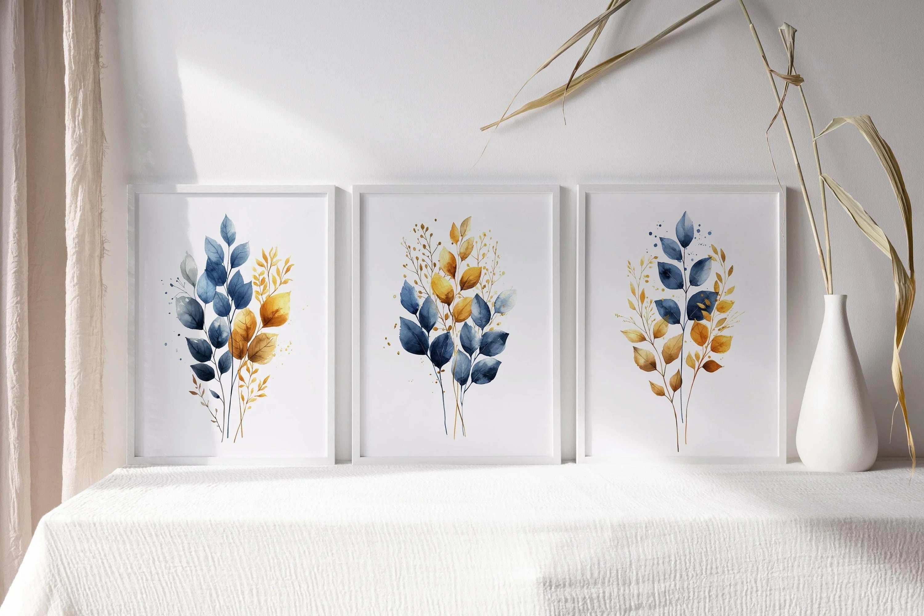 Gold and navy blue botanical watercolor wall art – elegant golden foliage on deep blue background