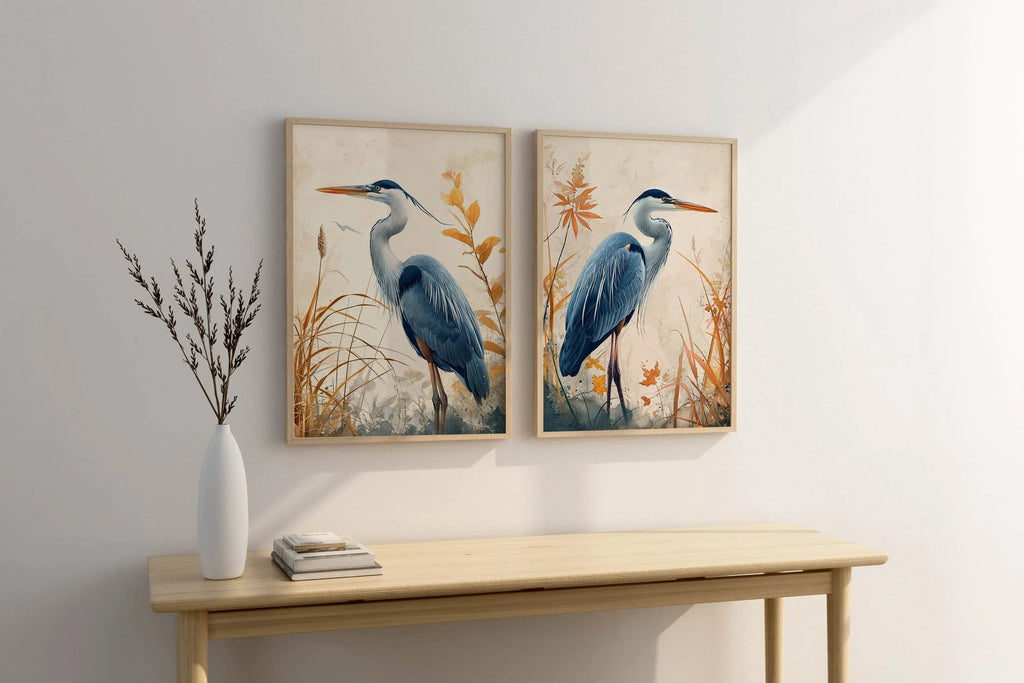 Blue heron wall art set of 2 – elegant watercolor bird portraits with botanical elements