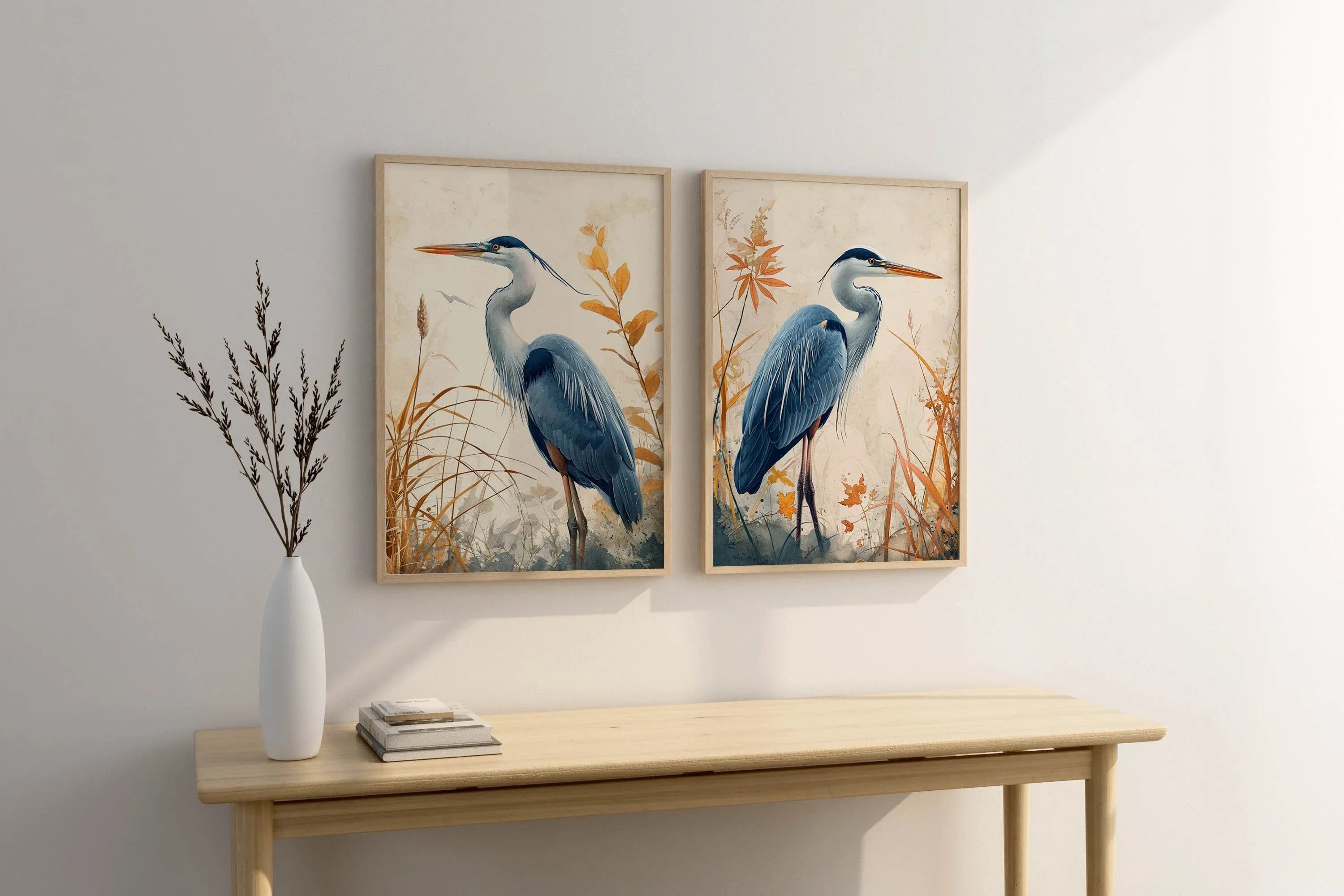 Blue heron wall art set of 2 – elegant watercolor bird portraits with botanical elements