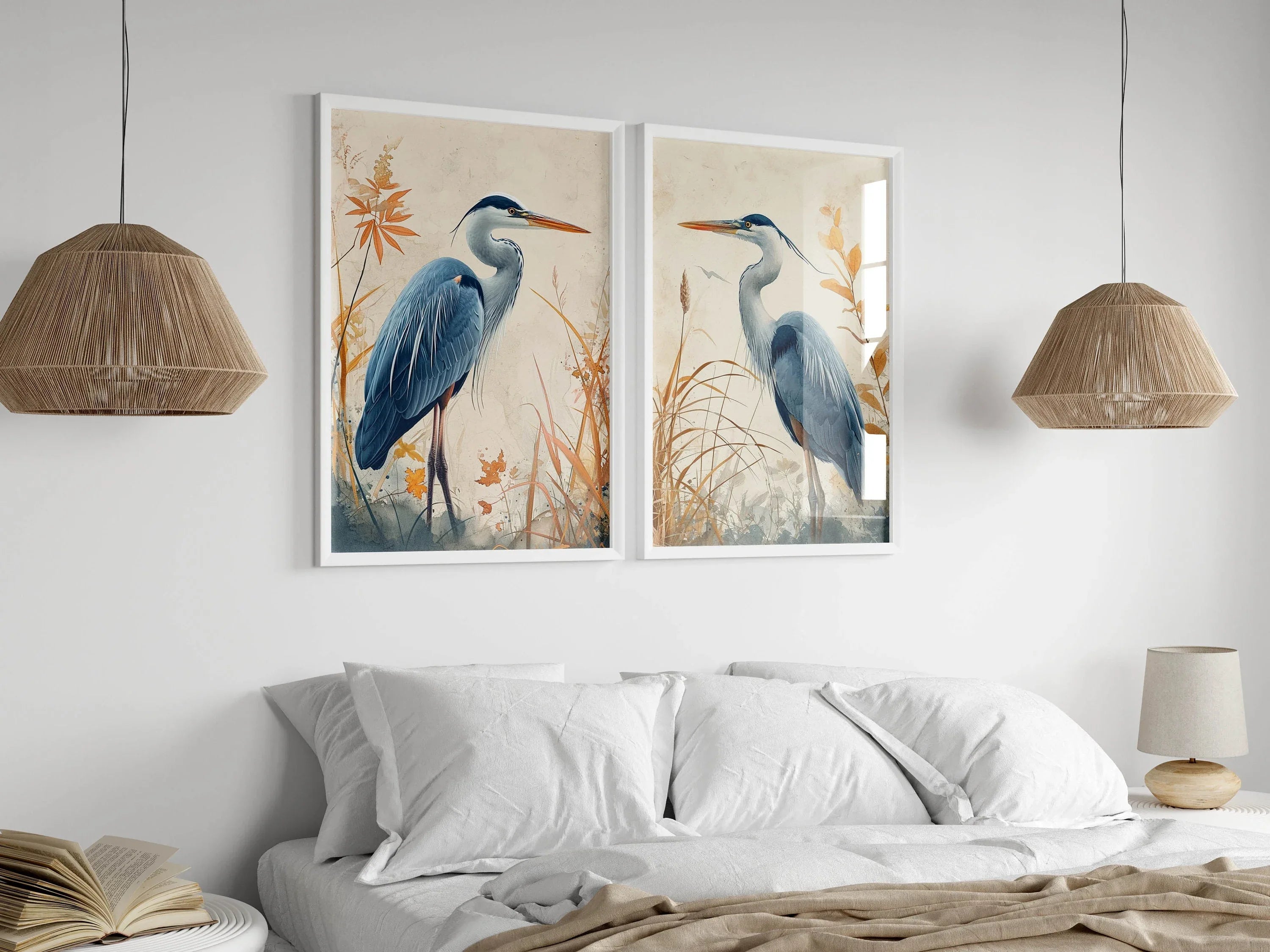 Blue heron wall art set of 2 – elegant watercolor bird portraits with botanical elements