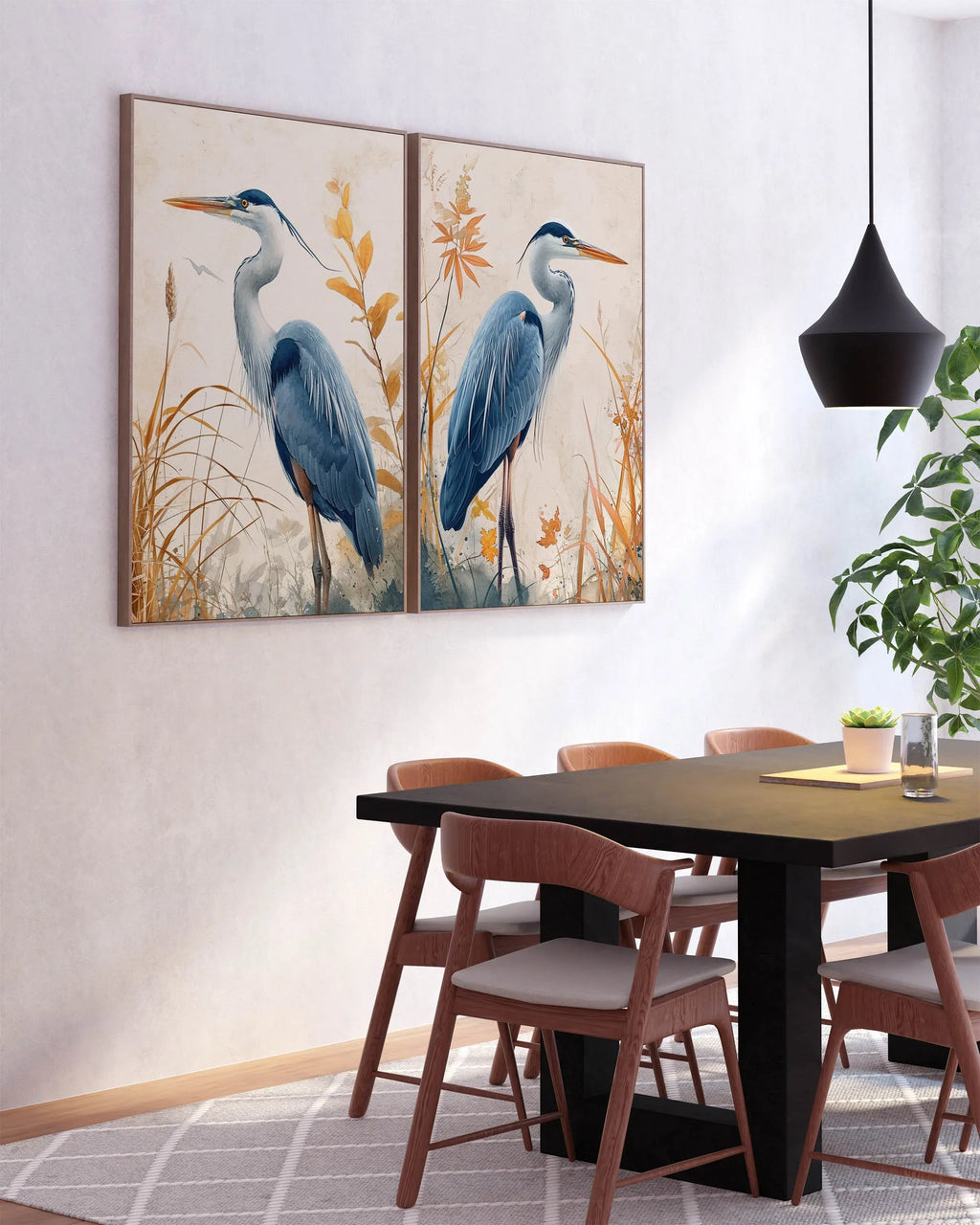 Blue heron wall art set of 2 – elegant watercolor bird portraits with botanical elements