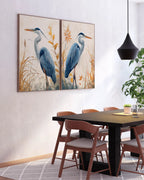 Blue heron wall art set of 2 – elegant watercolor bird portraits with botanical elements