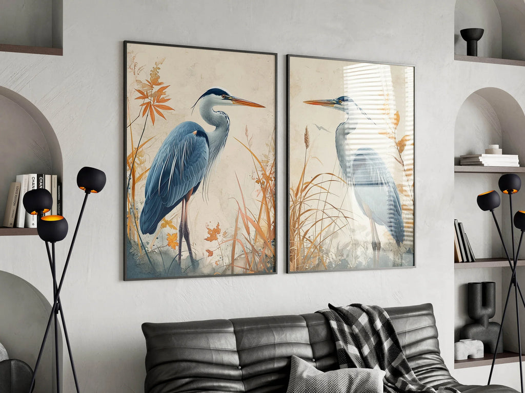 Blue heron wall art set of 2 – elegant watercolor bird portraits with botanical elements