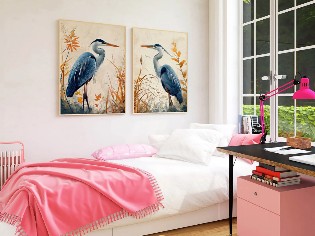 Blue heron wall art set of 2 – elegant watercolor bird portraits with botanical elements