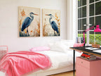 Blue heron wall art set of 2 – elegant watercolor bird portraits with botanical elements