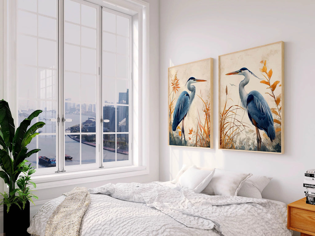 Blue heron wall art set of 2 – elegant watercolor bird portraits with botanical elements