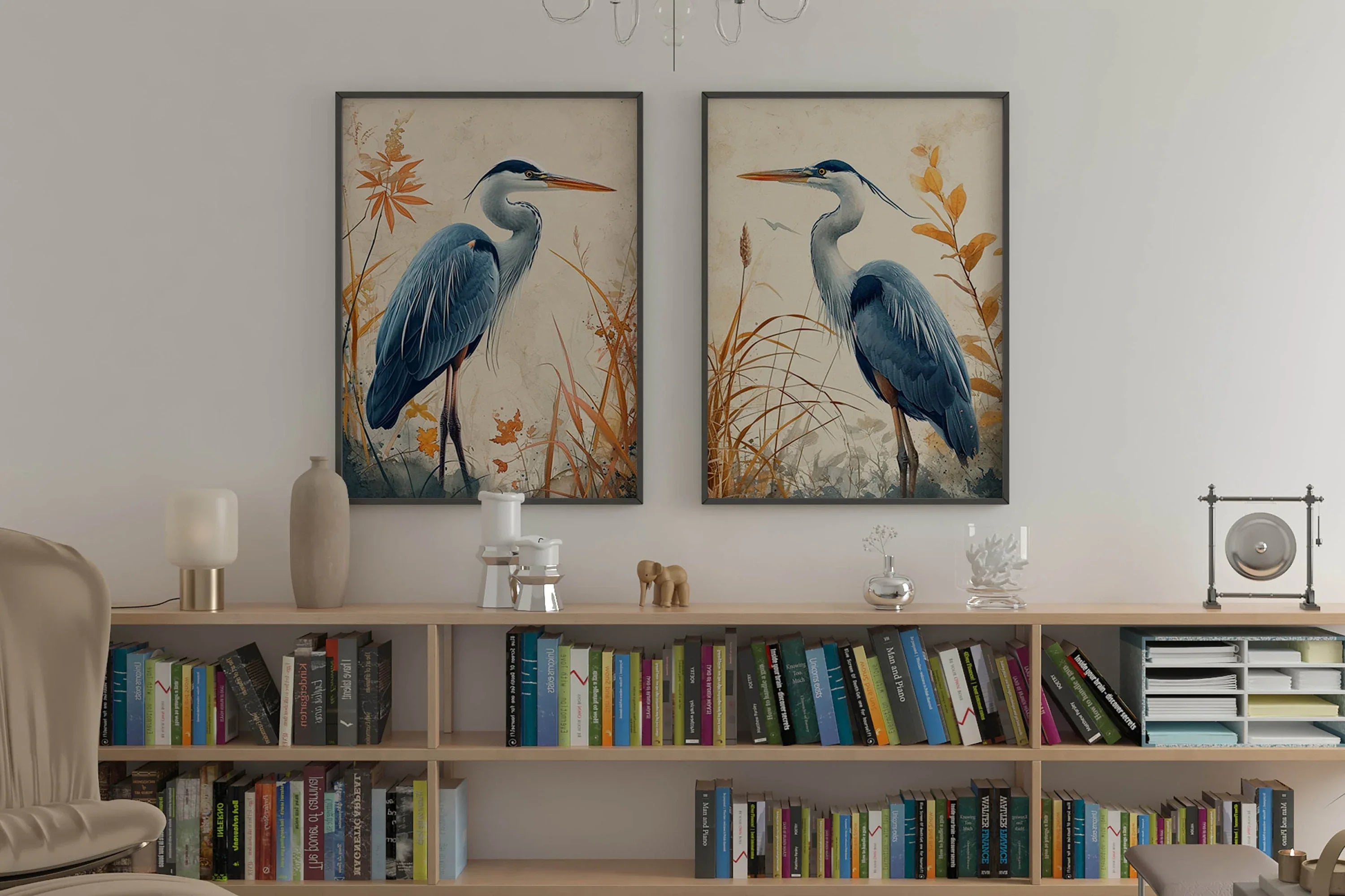Blue heron wall art set of 2 – elegant watercolor bird portraits with botanical elements
