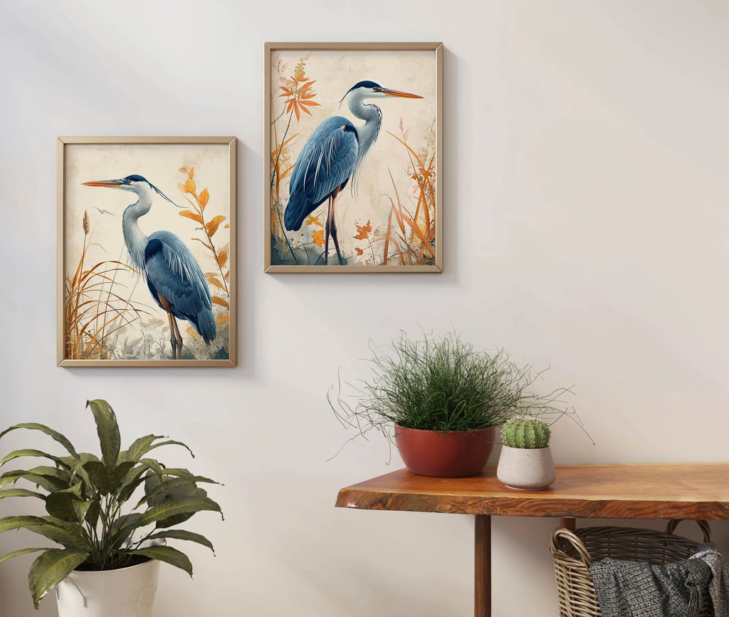 Blue heron wall art set of 2 – elegant watercolor bird portraits with botanical elements