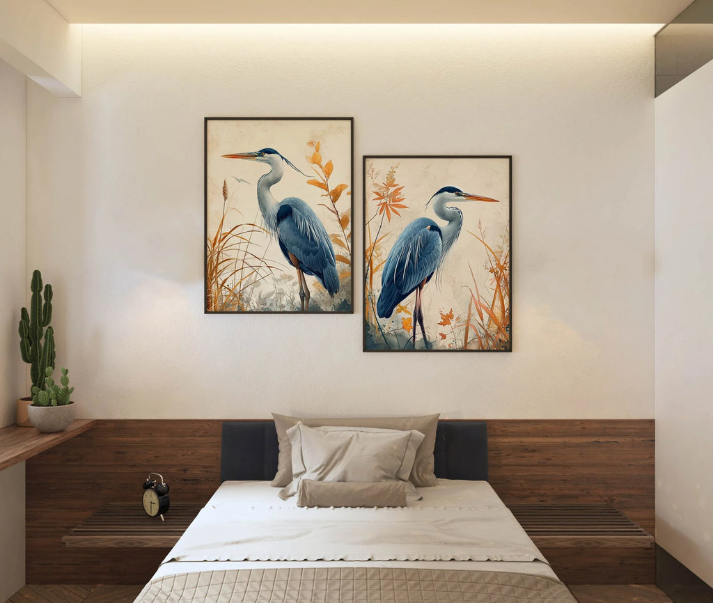 Blue heron wall art set of 2 – elegant watercolor bird portraits with botanical elements