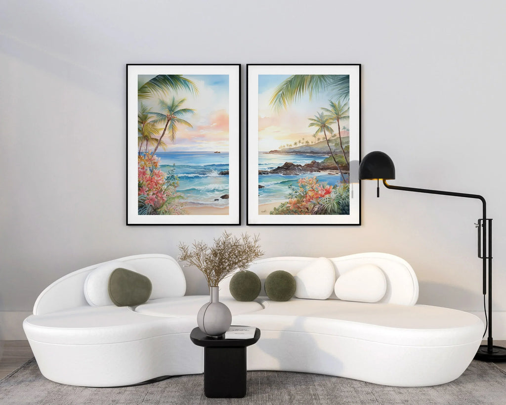 Modern beach wall art set of 2 – tropical Hawaii ocean scene with turquoise water and golden sunset