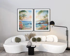 Modern beach wall art set of 2 – tropical Hawaii ocean scene with turquoise water and golden sunset