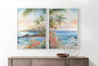Modern beach wall art set of 2 – tropical Hawaii ocean scene with turquoise water and golden sunset